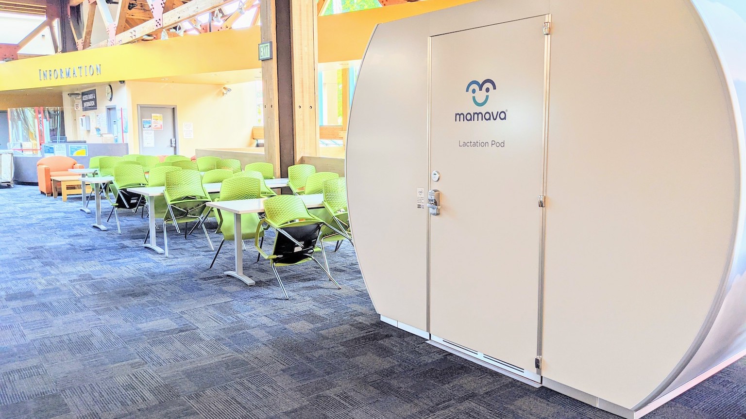 Picture of Mamava Lactation Pod located on the main floor of the UCEN next to the information desk.